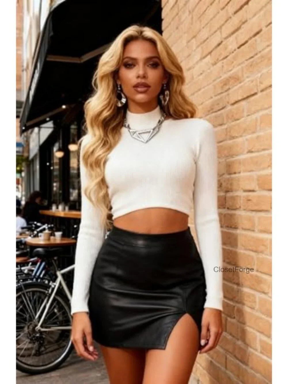 Faux Leather High Waisted Bodycon Mini Skirt with Slit Party Club